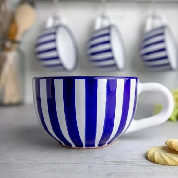 City To Cottage London Handmade Ceramic Blue Striped Mug XL 17.5oz - Picture 3 of 9